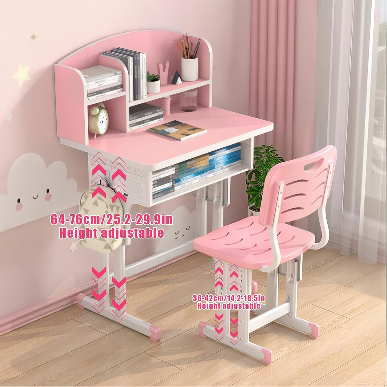 1 Set Kids Desk Chair Set, Height Adjustable Children School Study Table Chair Sets with Storage Drawer, Ergonomic Desk Chairs with Book Stand, Partition Design Pink 70 cm