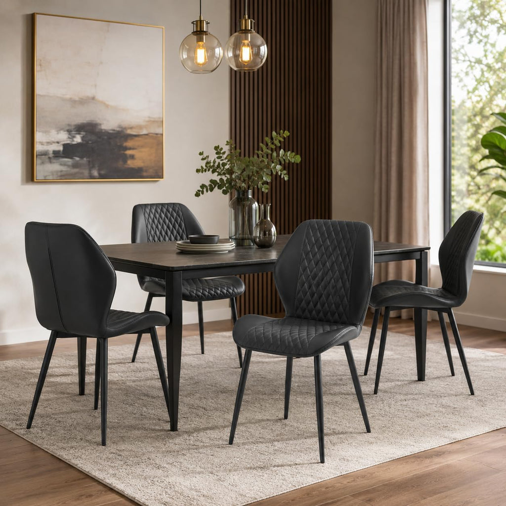 Dining Chairs Set of 4, Modern Upholstered Kitchen Chairs with Curved Back, Diamond Stitching, Padded Cushion Seat and Metal Legs, Comfy Side Accent Chairs for Dining Room, Kitchen, Black