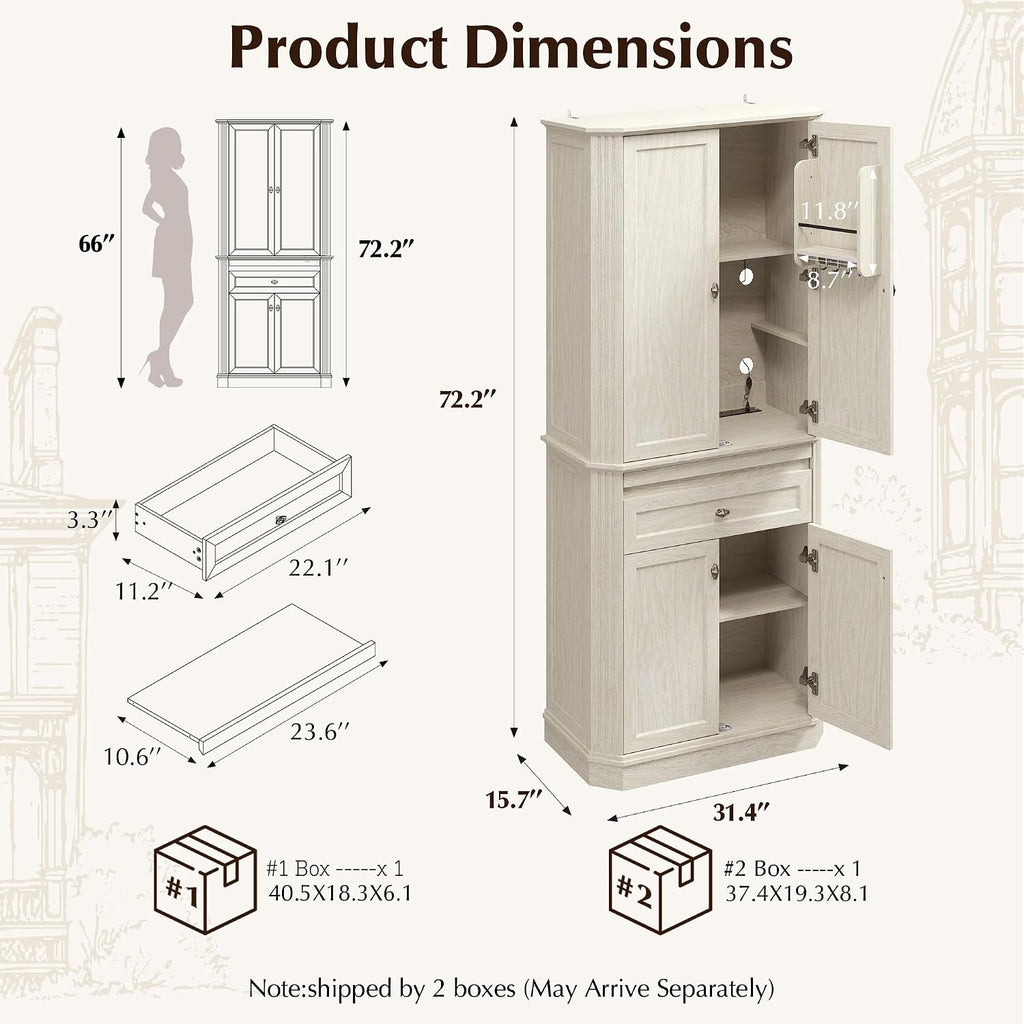 72.2" Tall Kitchen Pantry Cabinet with Doors, Farmhouse Storage Cabinet with Charging Station & LED Light, Drawer, Adjustable Shelves and Pull-Out Shelves, White Wood Pantry Cupboard for Dining Room