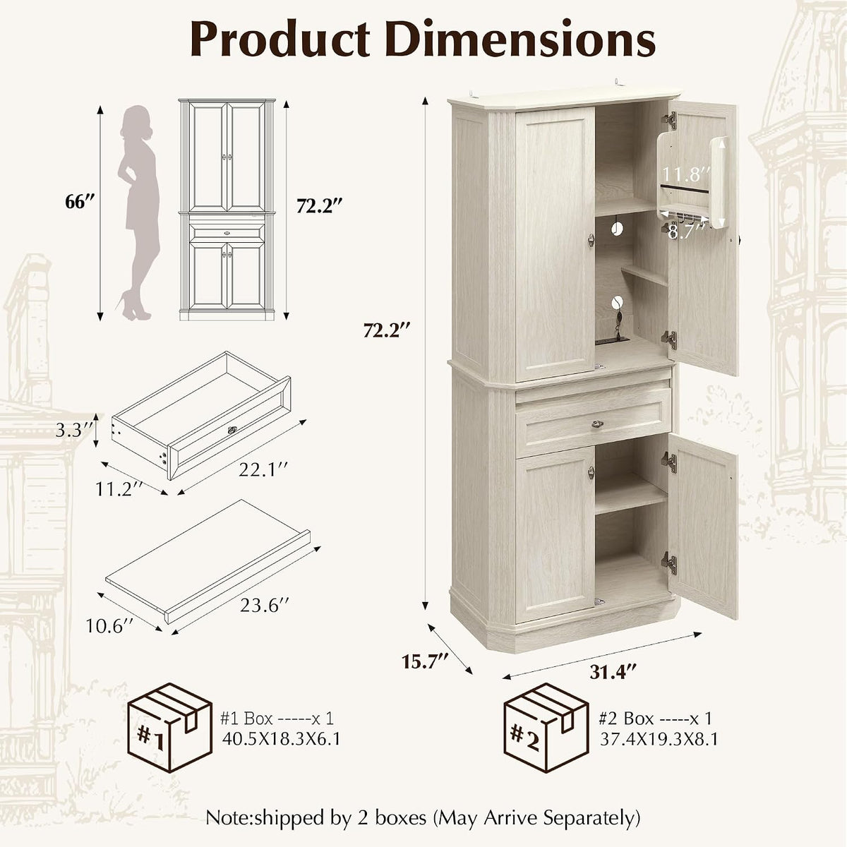 72.2" Tall Kitchen Pantry Cabinet with Doors, Farmhouse Storage Cabinet with Charging Station & LED Light, Drawer, Adjustable Shelves and Pull-Out Shelves, White Wood Pantry Cupboard for Dining Room