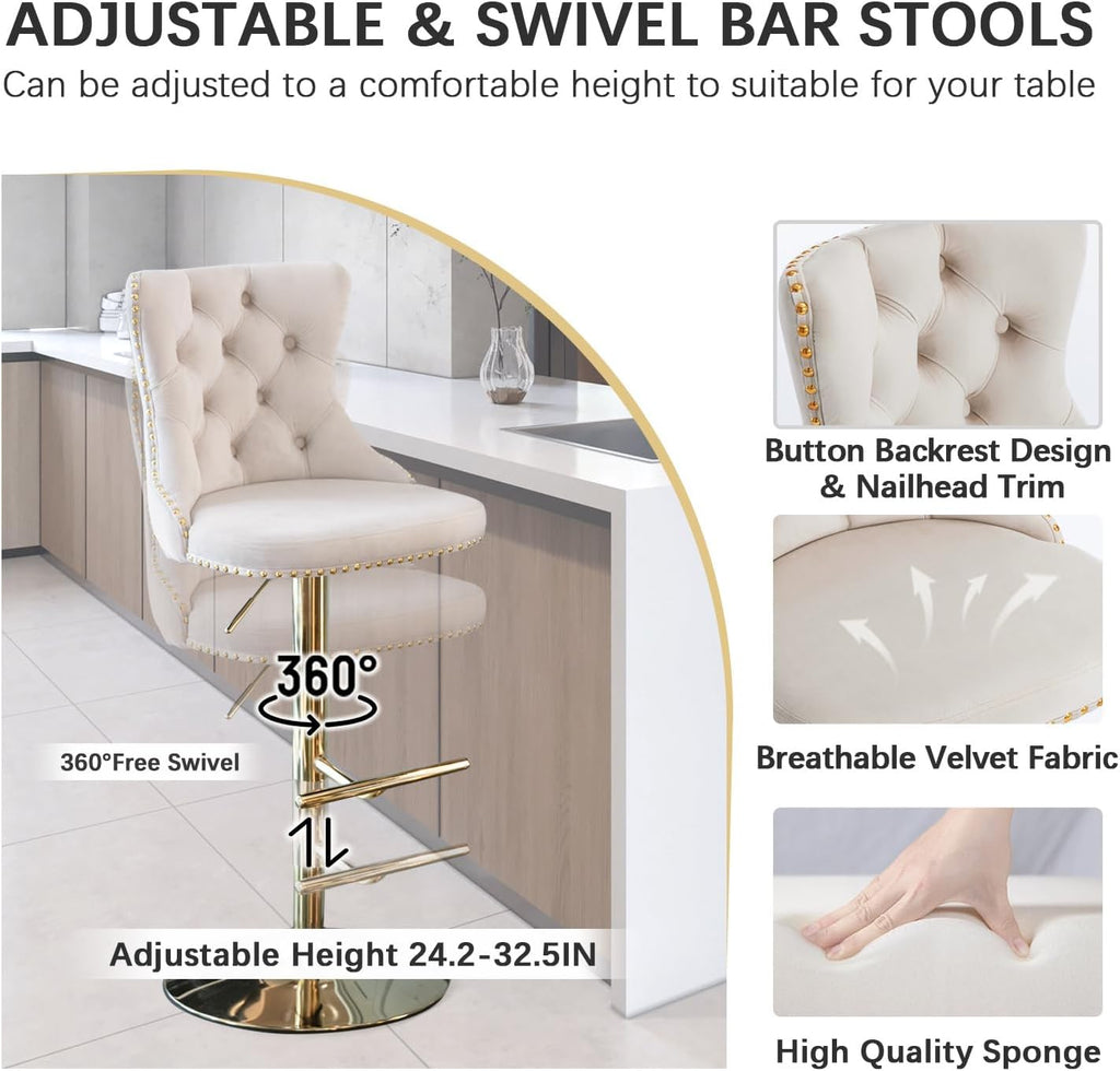 31.5'' Glass Round Bar Table with Stools Set for 2, Modern High Top Pub Table & 2 Adjustable Metal Bar Stool Velvet Swivel Counter Height Bars Chairs (Gold Metal Legs, Clear Top + Beige Chair)
