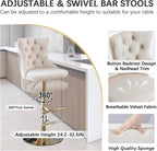 31.5'' Glass Round Bar Table with Stools Set for 2, Modern High Top Pub Table & 2 Adjustable Metal Bar Stool Velvet Swivel Counter Height Bars Chairs (Gold Metal Legs, Clear Top + Beige Chair)