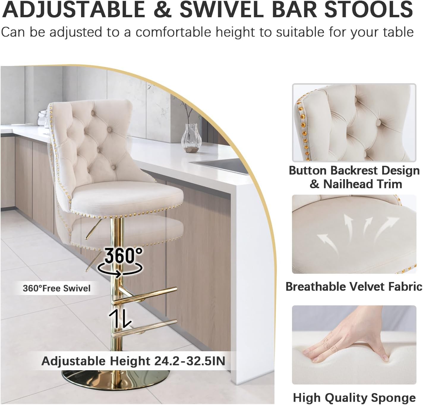31.5'' Glass Round Bar Table with Stools Set for 2, Modern High Top Pub Table & 2 Adjustable Metal Bar Stool Velvet Swivel Counter Height Bars Chairs (Gold Metal Legs, Clear Top + Beige Chair)