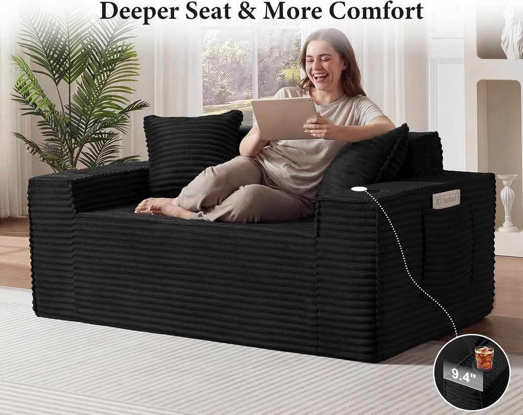61” Loveseat Sofa, Comfy Corduroy Couch with Cup Holders & Storage Pockets, Deep Seat 2-Seater Cloud Couches for Small Space Living Room No Assembly Required, Black