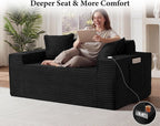 61” Loveseat Sofa, Comfy Corduroy Couch with Cup Holders & Storage Pockets, Deep Seat 2-Seater Cloud Couches for Small Space Living Room No Assembly Required, Black