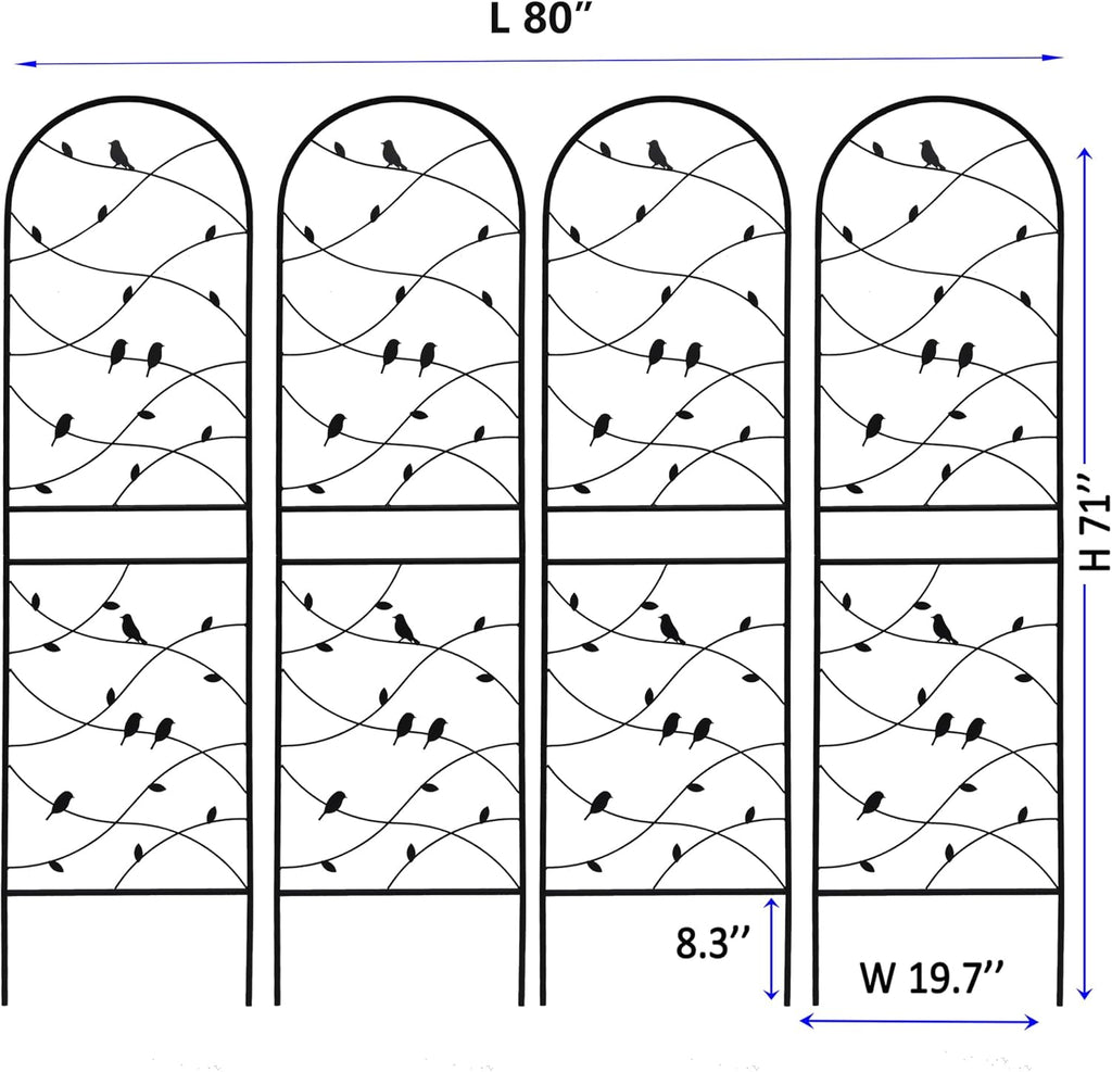 4 Pack Metal Garden Trellis 71" Tall Outdoor Climbing Plant Support for Roses, Flowers, Rustproof Durable Black Galvanized Tube, Lawn Garden Fence Decor Screen (4, Black birds-71 H)