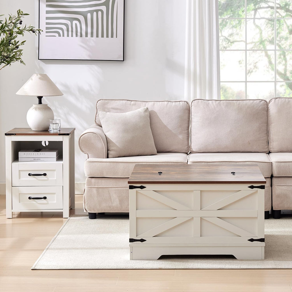 Farmhouse Coffee Table and End Table Sets of 3, 3 Piece Living Room Tables Set with Charging Station, Lift Top Coffees and 2 Nighstand, Wood Furniture Sets with Storage, White