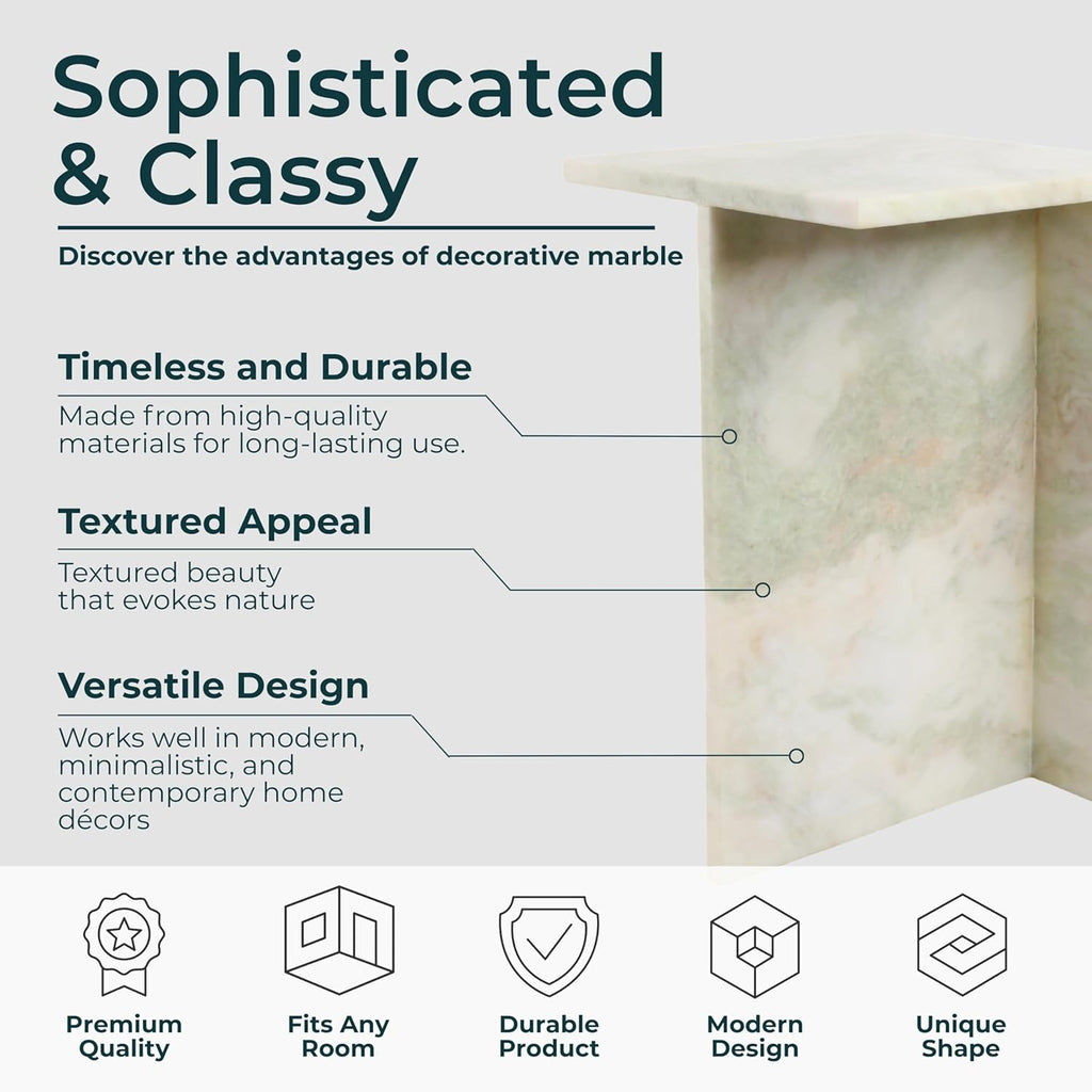 Elegant Boho Glam Accent Table with Stylish Modern Design – Solid Marble Stone Square Side Table for Living Room, Bedroom, Office, & Home Decor – 13 x 20 Inches
