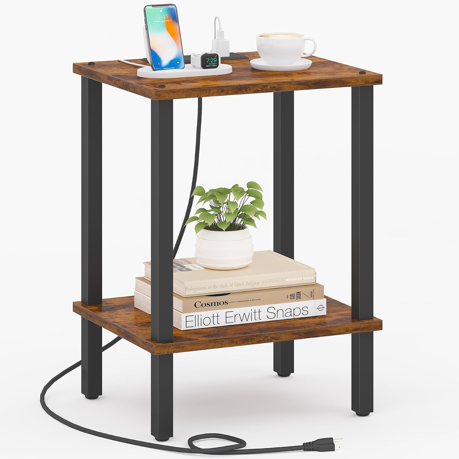 TUTOTAK End Table with Charging Station, Side Table with USB Ports and Outlets, Nightstand, 2-Tier Storage Shelf, Sofa Table for Small Space TB01BB040