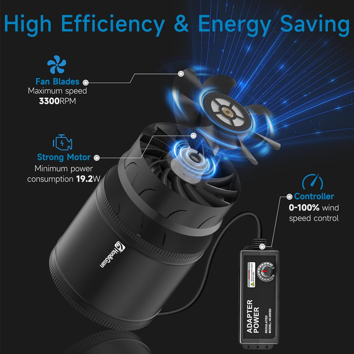 Hon&Guan 8" Air Filtration Kit: 8 Inch Inline Duct Fan with Speed Controller, 16" High Carbon Filter, 16 Ft Ducting & Rubber Coupler, Ventilation System for Grow Tents, Indoor Gardening, Hydroponics