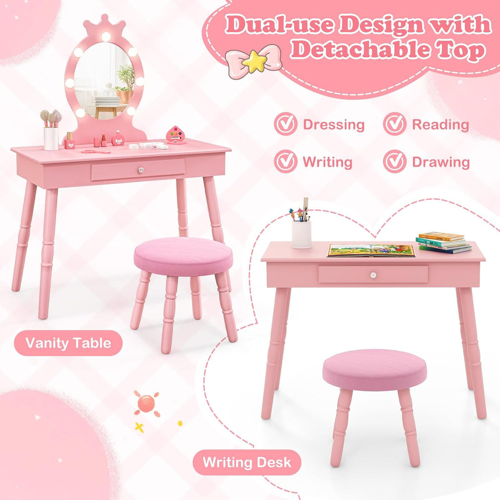 HONEY JOY Kids Vanity with Lights, Princess Wooden Makeup Table & Stool with Drawer, 3-Color LED Lights, Toddler Dressing Vanity for Little Girls, Pretend Play Kids Vanity Table and Chair Set (Pink)