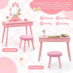 HONEY JOY Kids Vanity with Lights, Princess Wooden Makeup Table & Stool with Drawer, 3-Color LED Lights, Toddler Dressing Vanity for Little Girls, Pretend Play Kids Vanity Table and Chair Set (Pink)