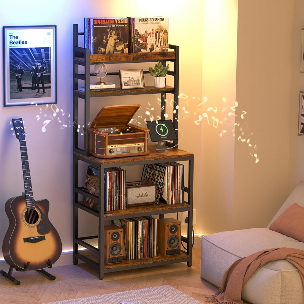 Large Record Player Stand with Vinyl Storage Shelf, Holds Up 500+ Albums | 5-Tier Record Player Table Turntable Stand with Charging Station & CD/DVD Rack, Vinyl Record Storage for Living Room Bedroom