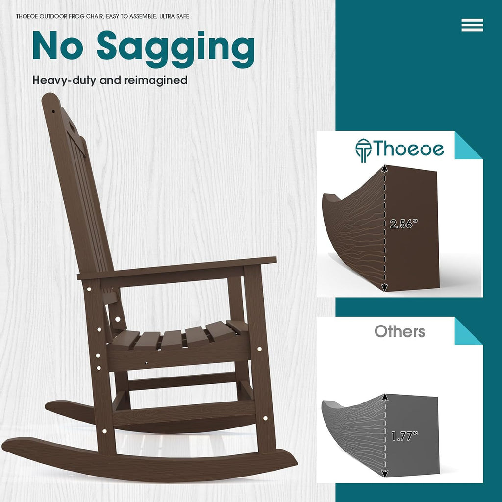 THOEOE Outdoor Rocking Chairs Set of 2, Oversized Patio Rocking Chair | HDPE Outdoor Rockers for Front Porch, Patio, Backyard, Balcony and Garden. All-Weather High Back Design, Brown