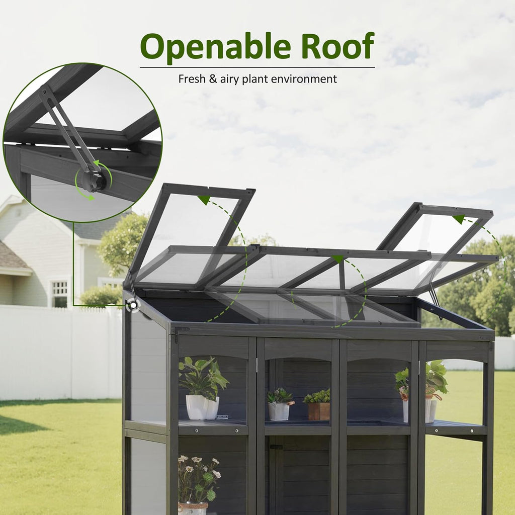 MCombo Wooden Greenhouse, Walk-in Outdoor Greenhouse with Openable Roof and Lockable Door, 0899 (Dark Grey)