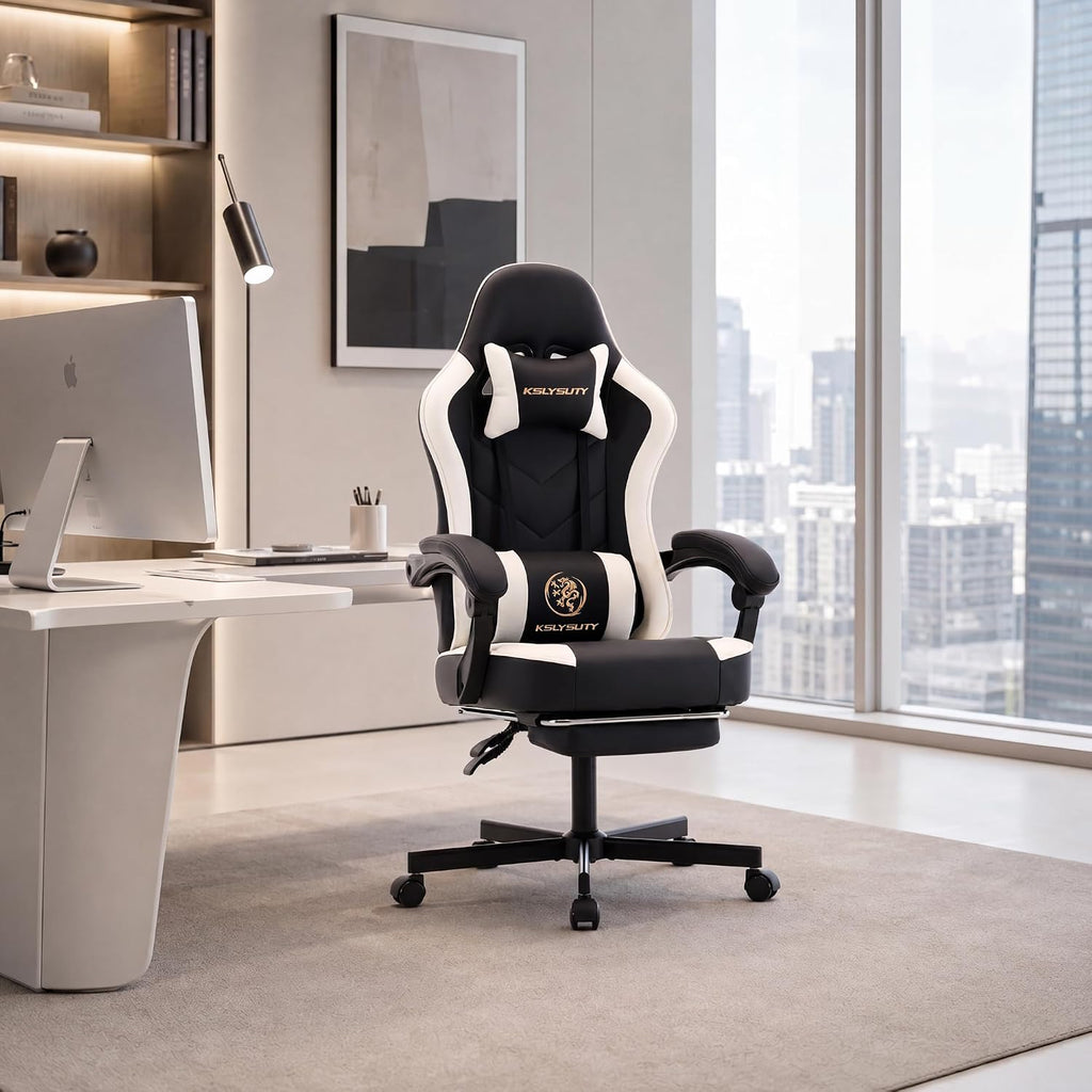 Desk Computer Gaming Chair - High Back Ergonomic Office Chair with Footrest and Lumbar Support, Swivel Comfy Home Gamer Video Game Chairs with Pocket Spring Cushion for Adults (White Leather)