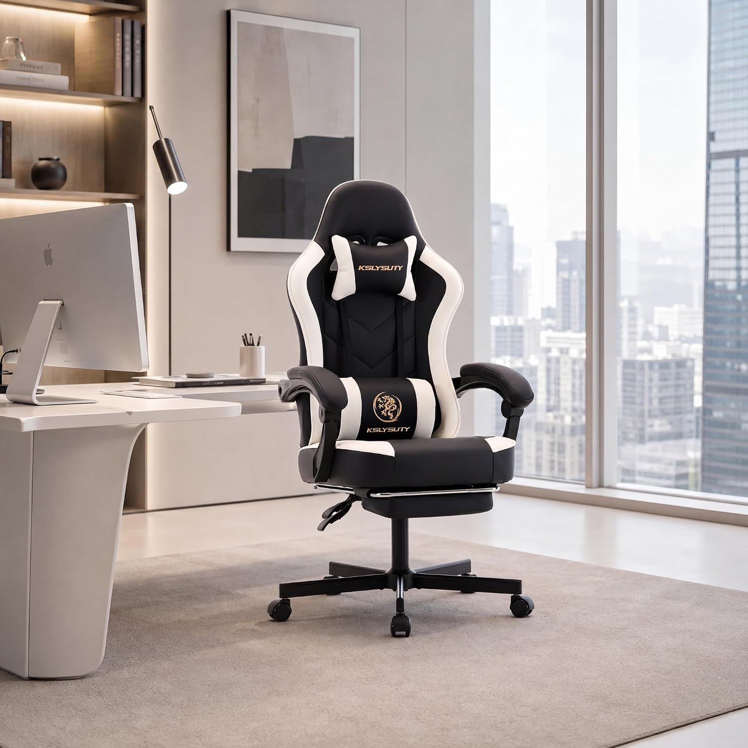 Desk Computer Gaming Chair - High Back Ergonomic Office Chair with Footrest and Lumbar Support, Swivel Comfy Home Gamer Video Game Chairs with Pocket Spring Cushion for Adults (White Leather)