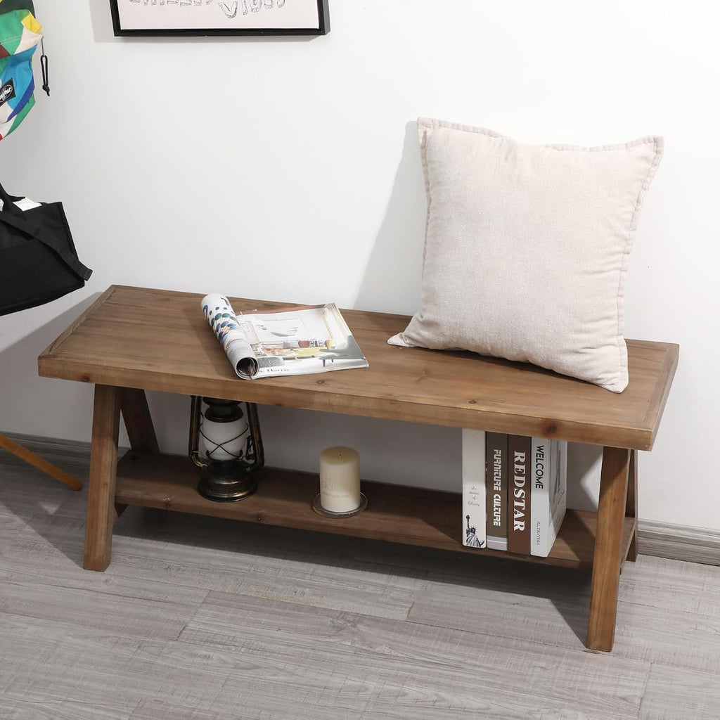 RowyPoey Solid Wood Bench, 43" Farmhouse Entryway Bench with Shoe Storage | Stable Triangular Leg, Rustic End of Bed Benches, Solid Hallway Seating, Dining Bench for Kitchen, Shoe Stool, Easy Assembly