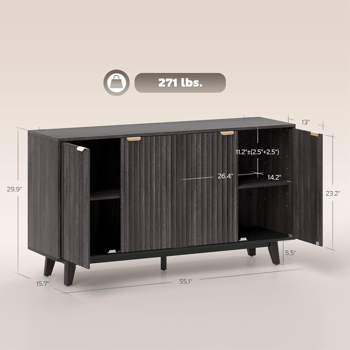 HOMCOM Sideboard Buffet Cabinet with Storage, 55" Fluted Modern Buffet Table Coffee Bar Console Cabinet with 2 Adjustable Shelves, 4 Doors for Dining Room, Living Room, Hallway, Dark Gray