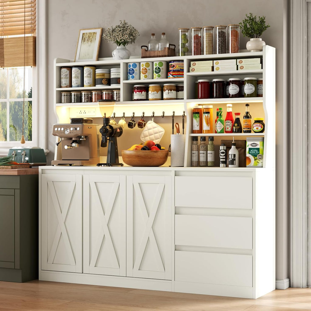Gyfimoie Farmhouse Kitchen Pantry Cabinet with Power Outlet & LED Light, Large Coffee Bar Cupboard with Microwave Stand, 3 Doors & 3 Drawers, 7 Cup Holders & 8 Open Cubbies, Adjusted Shelves (White)