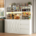 Gyfimoie Farmhouse Kitchen Pantry Cabinet with Power Outlet & LED Light, Large Coffee Bar Cupboard with Microwave Stand, 3 Doors & 3 Drawers, 7 Cup Holders & 8 Open Cubbies, Adjusted Shelves (White)