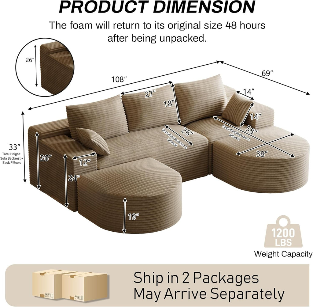 108" U-Shaped Couches for Living Room,Comfy Fluffy Cloud Sectional Couch with Curved Ottoman, Modern Plush Corduroy Deep Seat Modular Sectional Sofa for Small Spaces, Light Brown