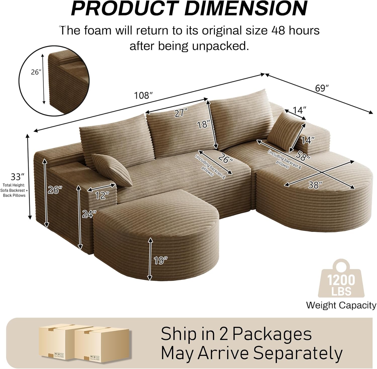 108" U-Shaped Couches for Living Room,Comfy Fluffy Cloud Sectional Couch with Curved Ottoman, Modern Plush Corduroy Deep Seat Modular Sectional Sofa for Small Spaces, Light Brown