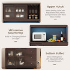 73” Kitchen Pantry Storage Cabinet, Buffet Hutch w/Power Outlets & Led Lights, Tall Cupboard w/Wine Glass Racks, Adjustable Shelves, Drawers, Microwave Stand for Dining Room (Espresso)