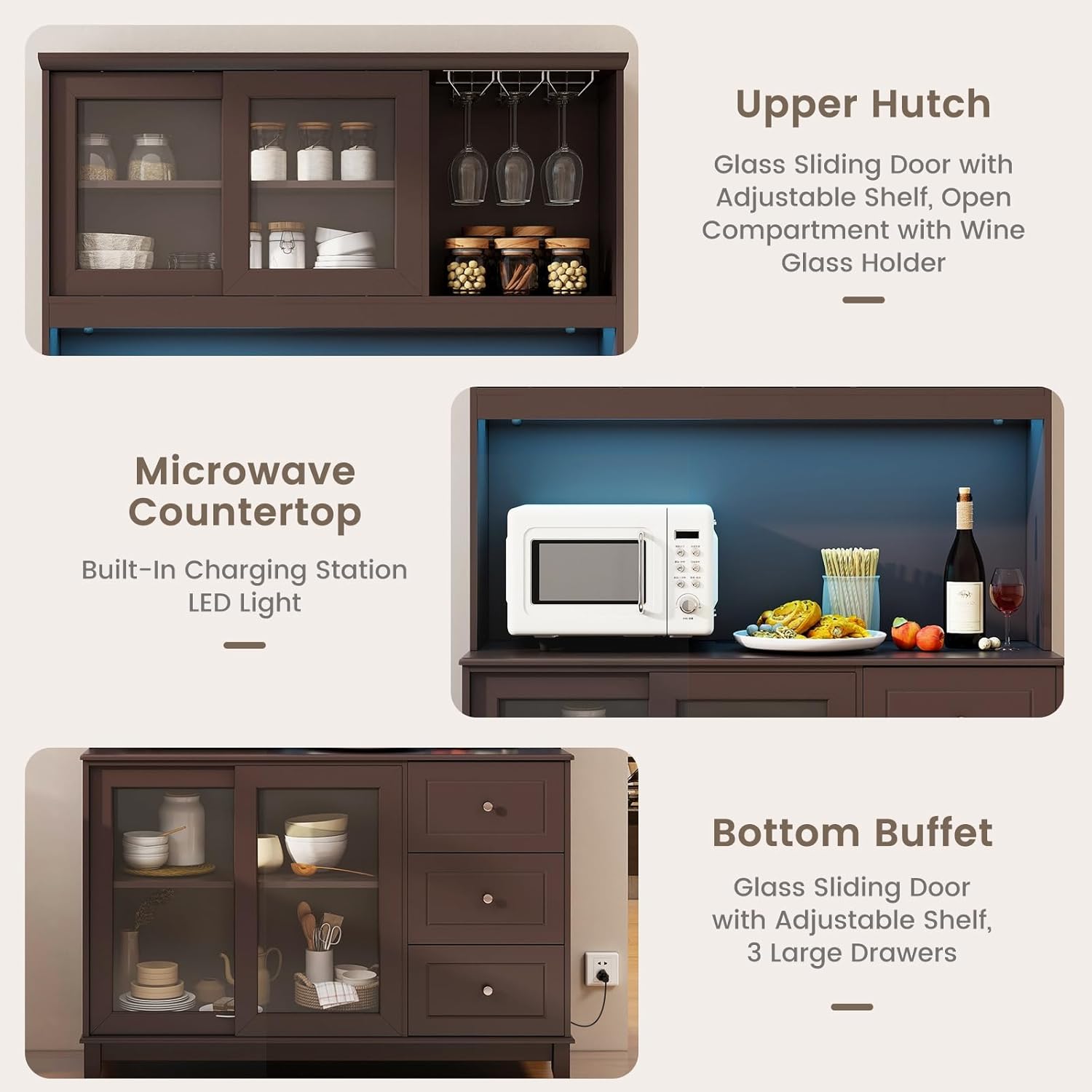 73” Kitchen Pantry Storage Cabinet, Buffet Hutch w/Power Outlets & Led Lights, Tall Cupboard w/Wine Glass Racks, Adjustable Shelves, Drawers, Microwave Stand for Dining Room (Espresso)