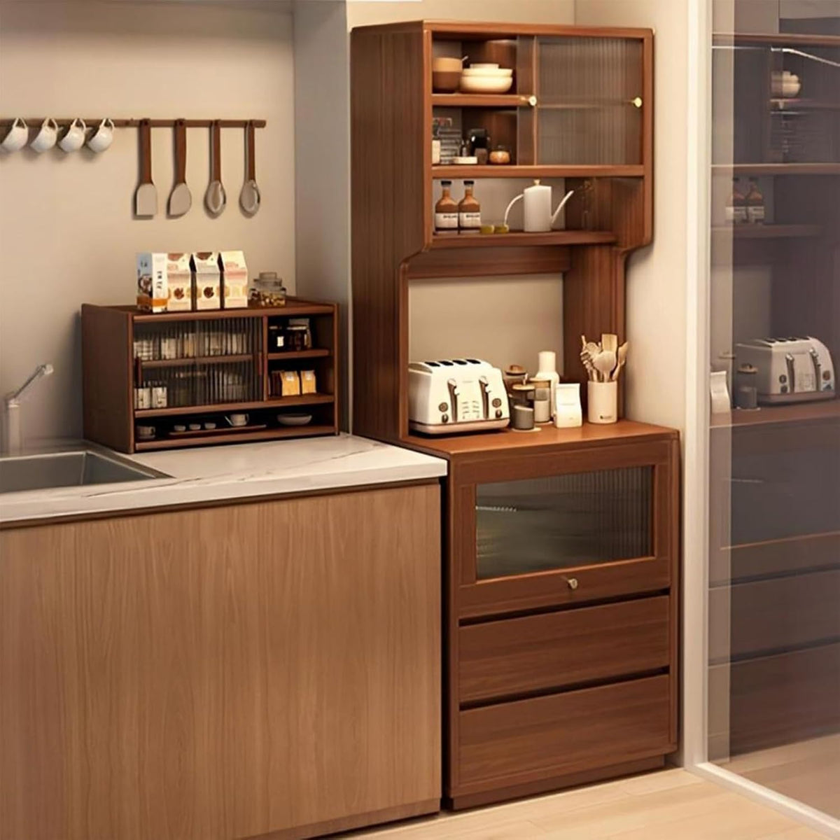 Kitchen Pantry Cabinet, Pantry Storage Cabinet with Doors and Shelves, Tall Storage Cabinet, Coffee Bar Workstation, for Dining Room, Living Room(Brown,50cm/19.7in)