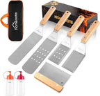 HOMENOTE Griddle Accessories Kit, 7Pc Professional BBQ Kit in Gift Box - Heavy Duty Wooden Handle Stainless Steel Griddle Tool Set Great for Grill Flat Top Cooking Camping, Wood Color