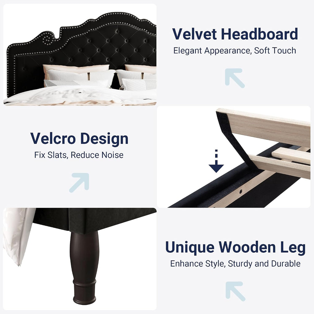 Allewie King Bed Frame with Adjustable Velvet Tiara Headboard, Upholstered Diamond Button Tufted Platform Bed, Wood Slats Support, No Box Spring Needed, Mattress Foundation, Easy Assembly, Black