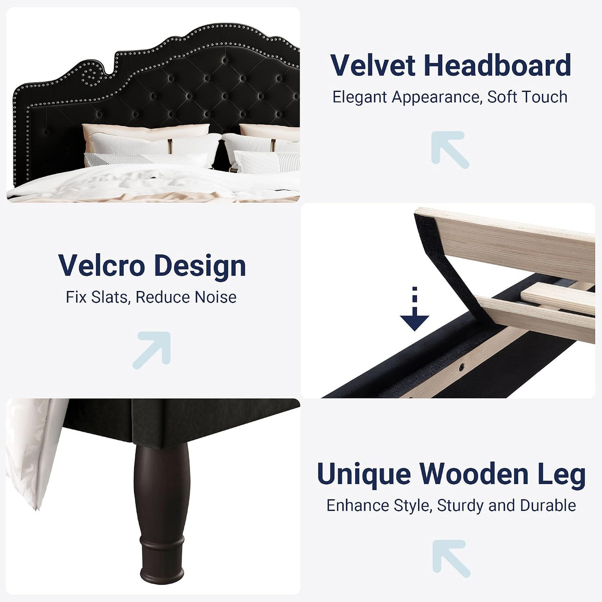 Allewie King Bed Frame with Adjustable Velvet Tiara Headboard, Upholstered Diamond Button Tufted Platform Bed, Wood Slats Support, No Box Spring Needed, Mattress Foundation, Easy Assembly, Black