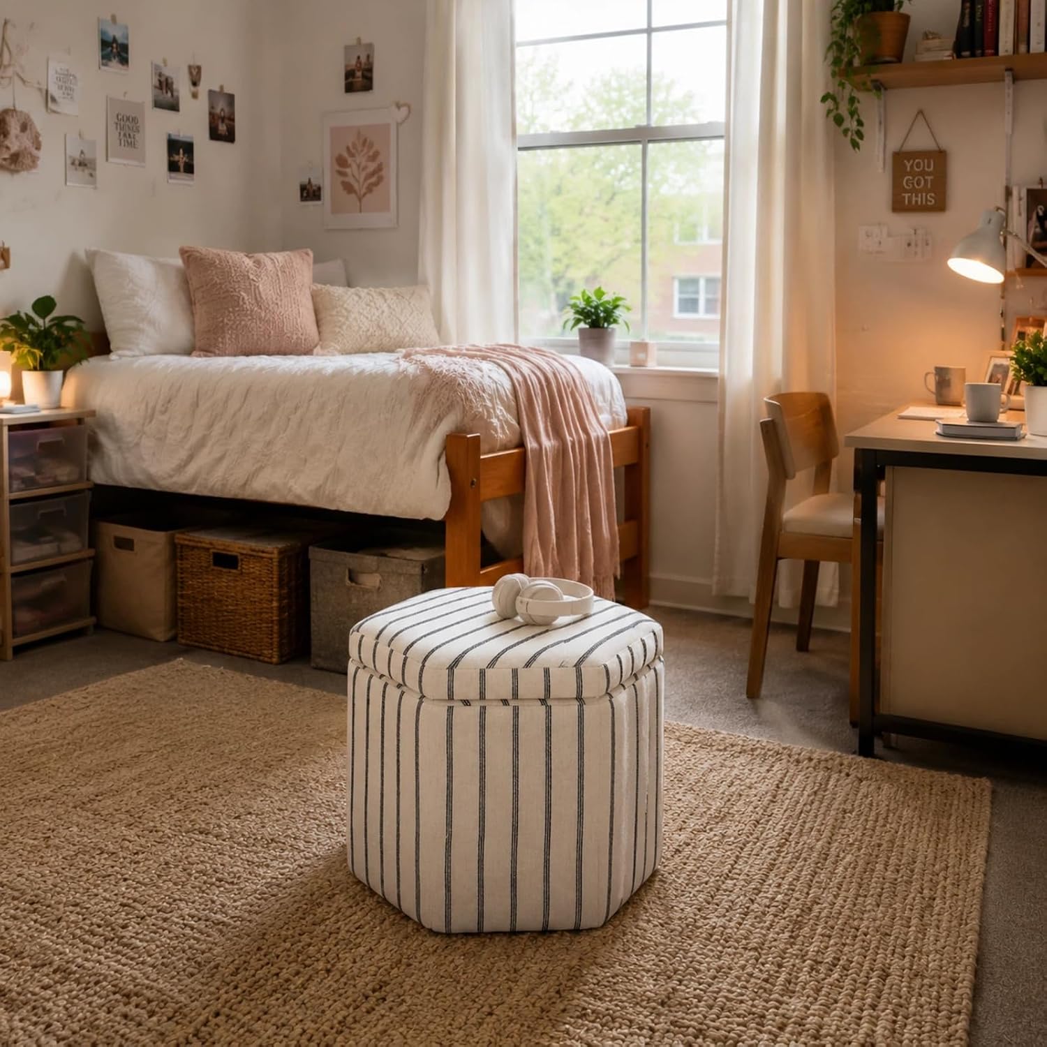 Wimarsbon 18inch Storage Ottoman with Detachable Tray, Multifunctional Mid Century Large Capacity Oversized Striped Boho Unique Linen Ottomans (Hexagon)