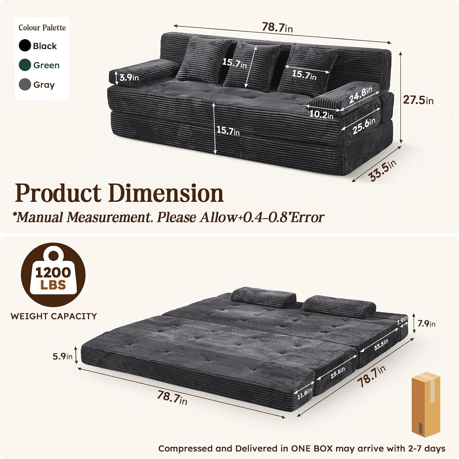 78.7IN Convertible Folding Sofa Bed, 3 Seater Sleeper Sofa Couch | No Assembly Required, Corduroy, Freestanding, Couches Bed with Zippered Pillows for Living Room, Bedroom, Apartment, Gray