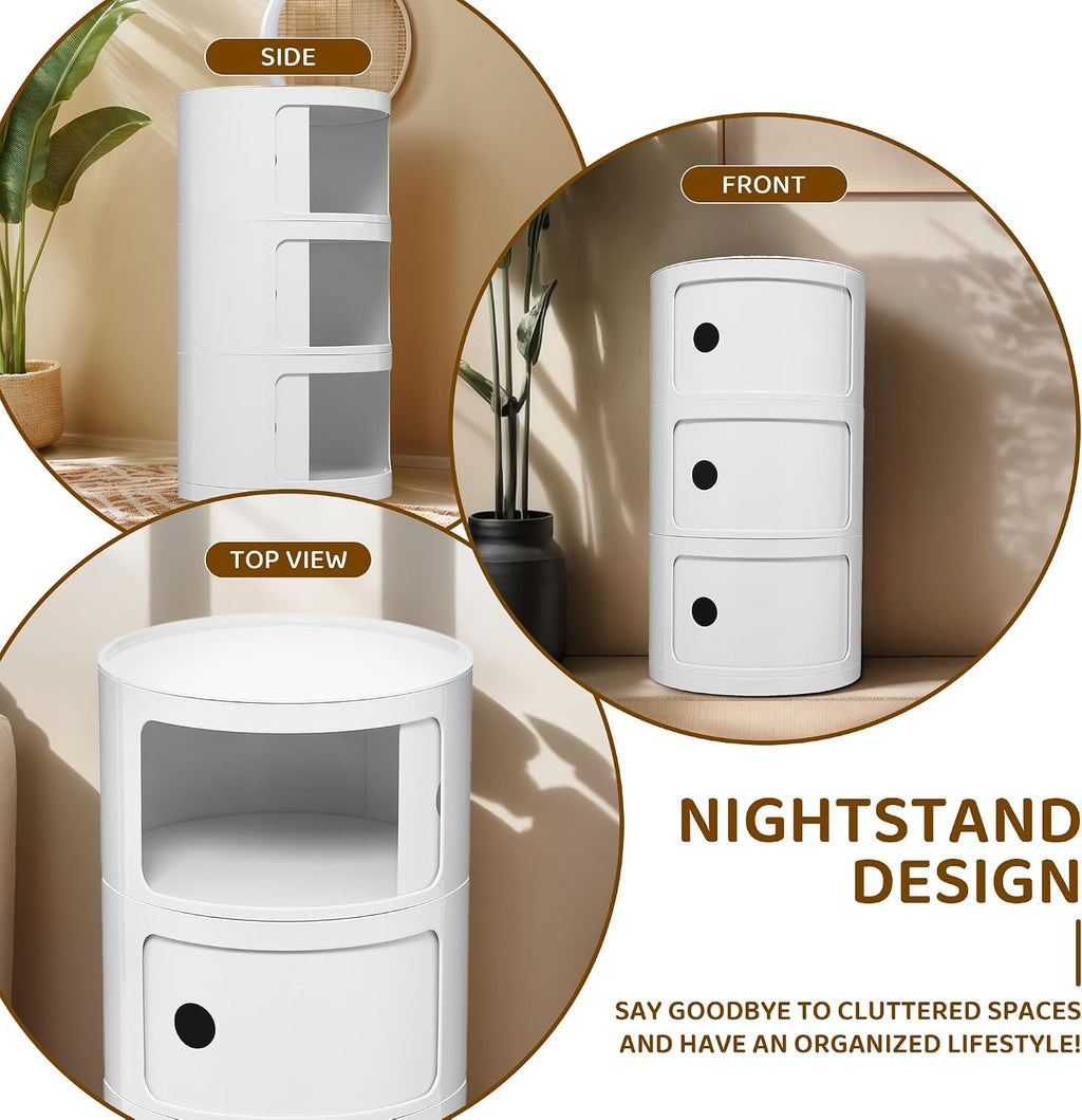 3 Tier Round with Storage, Modern Style Side Table, Multifunctional End Table Storage Cabinet for Living Room, Bedroom, Bathroom (White)