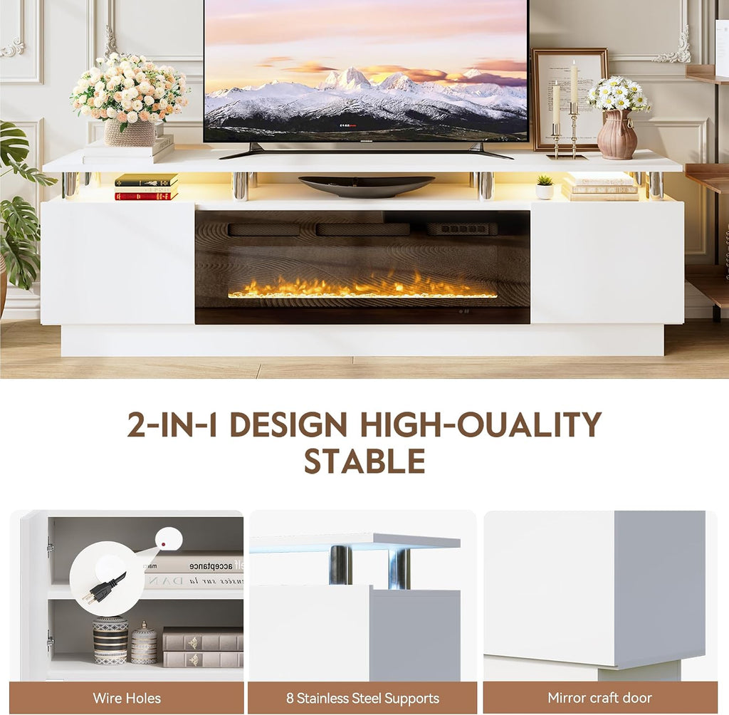 70" Fireplace TV Stand for TVs UP to 80", Electric Fireplace Entertainment Center with LED Lights & Storage Cabinets, TV Console for Living Room, Office, White-Black