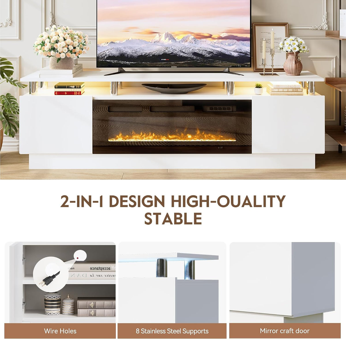 70" Fireplace TV Stand for TVs UP to 80", Electric Fireplace Entertainment Center with LED Lights & Storage Cabinets, TV Console for Living Room, Office, White-Black