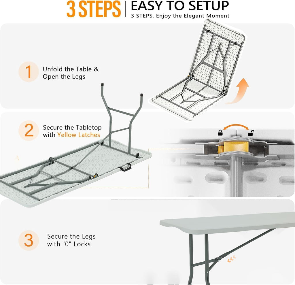 6FT Folding Table,Portable White HDPE Utility Table with Carry Handle | Durable HDPE tabletop.Reinforced steel frame with safety locking legs.Fold in half design with carry handle.Weather resistant