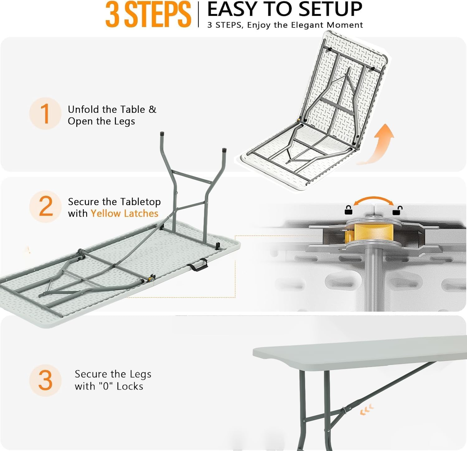 6FT Folding Table,Portable White HDPE Utility Table with Carry Handle | Durable HDPE tabletop.Reinforced steel frame with safety locking legs.Fold in half design with carry handle.Weather resistant