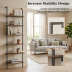 Wolawu Ladder Shelf Black 6 Tiers Modern Bookshelf Room Organizer Open Tall Wall Mount Bookcase Standing Leaning Wall Shelves Industrial Decorative Living Room Bed Room (Brown)