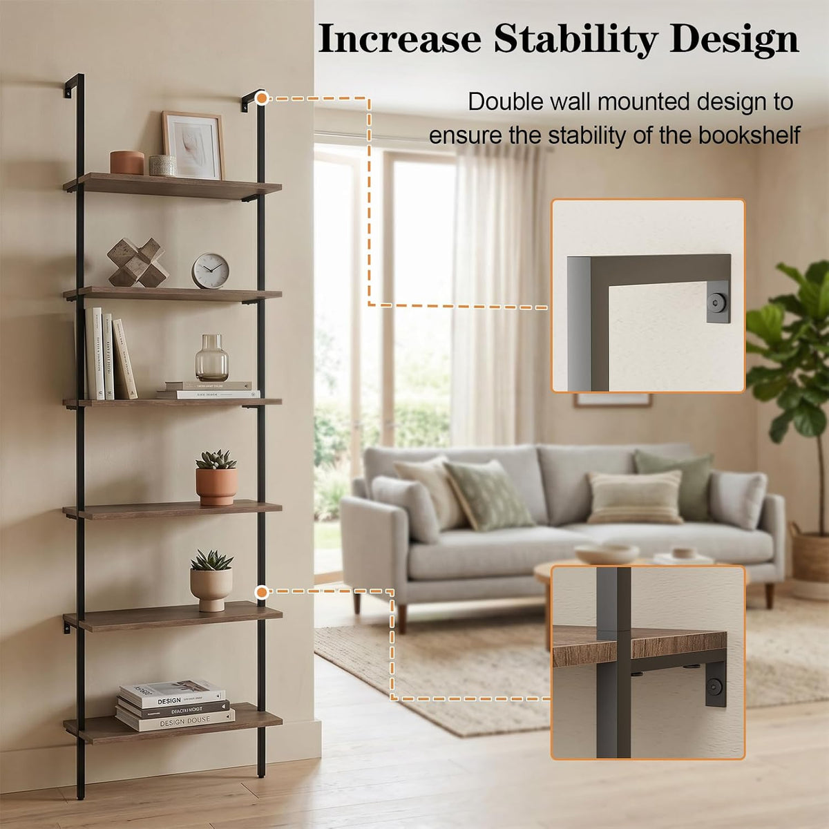 Wolawu Ladder Shelf Black 6 Tiers Modern Bookshelf Room Organizer Open Tall Wall Mount Bookcase Standing Leaning Wall Shelves Industrial Decorative Living Room Bed Room (Brown)