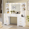 Hasuit 48.8'' Large Vanity Desk with Lighted Mirror & Power Outlet, White Makeup Vanity Table with 6 Drawers, 4 Shelves and 1 Storage Cabinet, Glass Tabletop Bedroom Dressing Table, 3 Lighting Modes