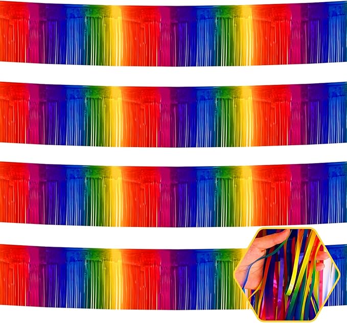 4 Pack 10 Feet Rainbow Foil Fringe Garland Metallic Tinsel Streamers Banner Wall Hanging Curtain Backdrop for Parade Floats, Wedding, Graduate, Mother's Day, Birthday Party Decoration