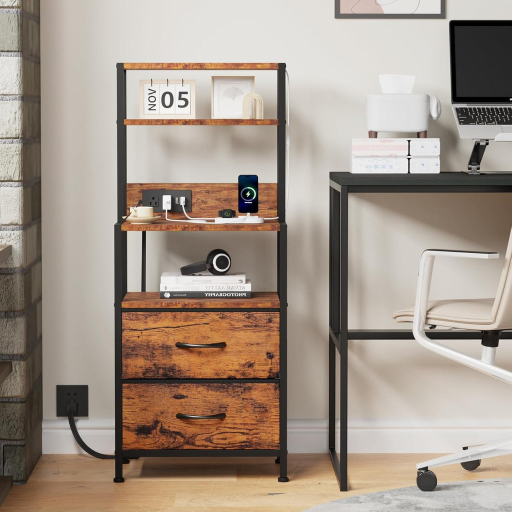 Furnulem Night Stand, Tall Nightstand with 4-Tier Shelves, 2 Fabric Drawers | RGB LED Lights, Bed Side & End Tables with Charging Station, Bedside Table for Bedroom, Office, Dorm Rustic Brown