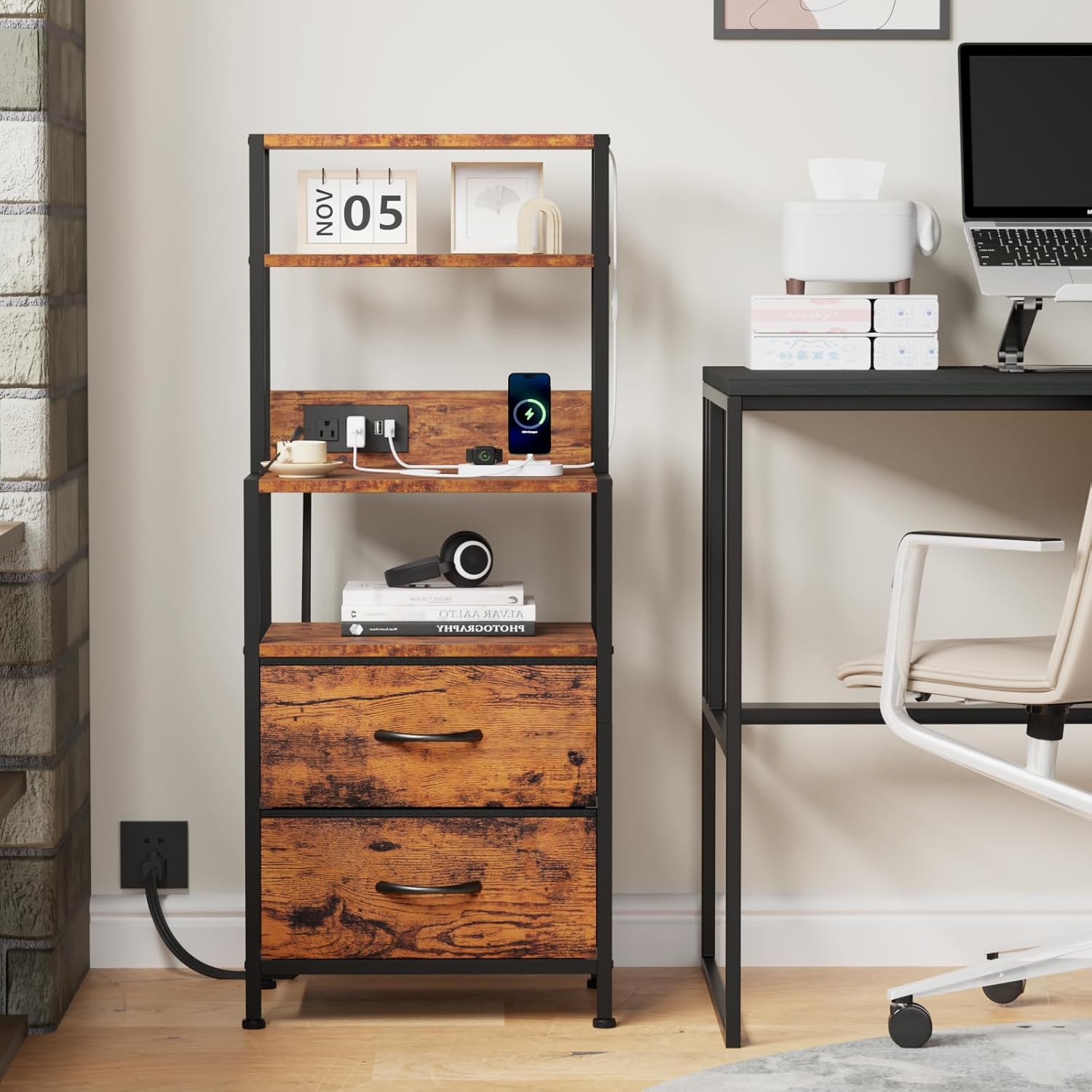 Furnulem Night Stand, Tall Nightstand with 4-Tier Shelves, 2 Fabric Drawers | RGB LED Lights, Bed Side & End Tables with Charging Station, Bedside Table for Bedroom, Office, Dorm Rustic Brown