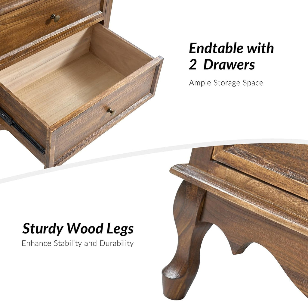 End Table with Charging Station, Wood Side Table with 2 Drawers Organizer, Farmhouse Accent Table for Living Room and Sofa, Walnut
