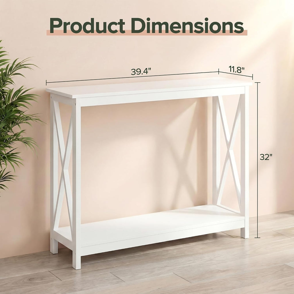 ZenStyle Sofa Side Console Table with 2 Storage Shelves Narrow Accent Table for Entryway/Hallway/Living Room, 39.3in L x 11.8in W x 31.6in H (White, 39.3 inch)