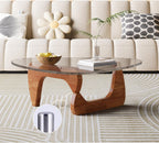 Modern End Table Triangle Glass Coffee Table, Irregular Oak Base Short Table Coffee Tables for Hallway Bedroom Living Room Foyer Rustic Office Balcony(Walnut Color 2,91 * 65 * 40CM)