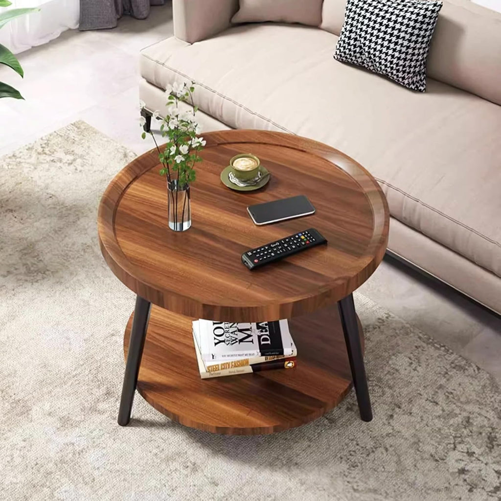 Small Round Side Table, 2-Tier Mid Century Modern Side Table, Round End Table Small End Table for Living Room, Metal Frames, Brown